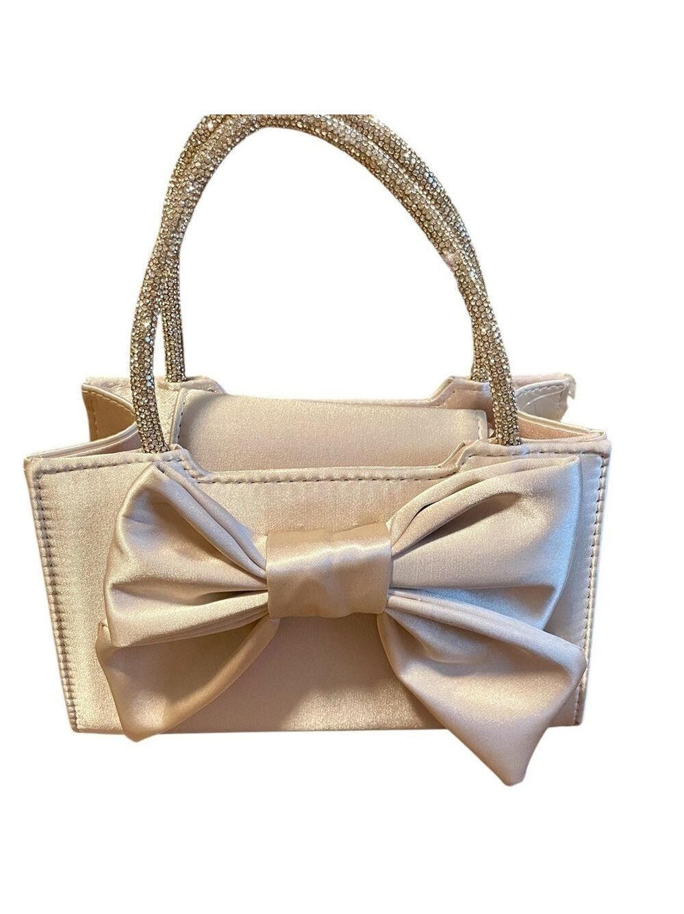 D’margeaux New York Mini Purse, Champagne, Satin and Bow, Rhinestone Handles